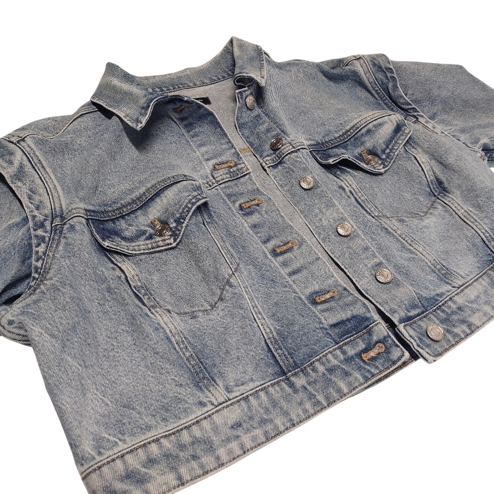 Express Women's Blue Layered Cap Sleeve Cropped Denim Jean Jacket  Size Large - Picture 7 of 12